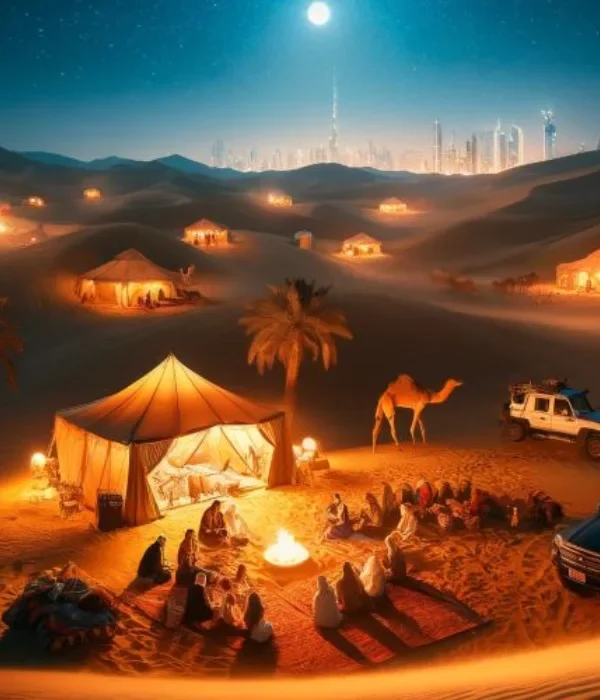 Luxury tent setup with warm lighting during overnight desert safari